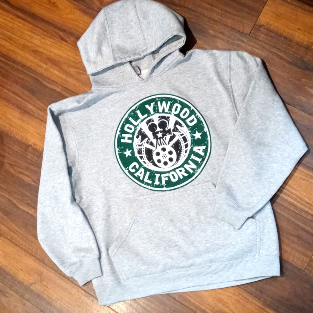 Hollywood California Starbucks Style Film Hoodie Sweatshirt Size XL Gray Green